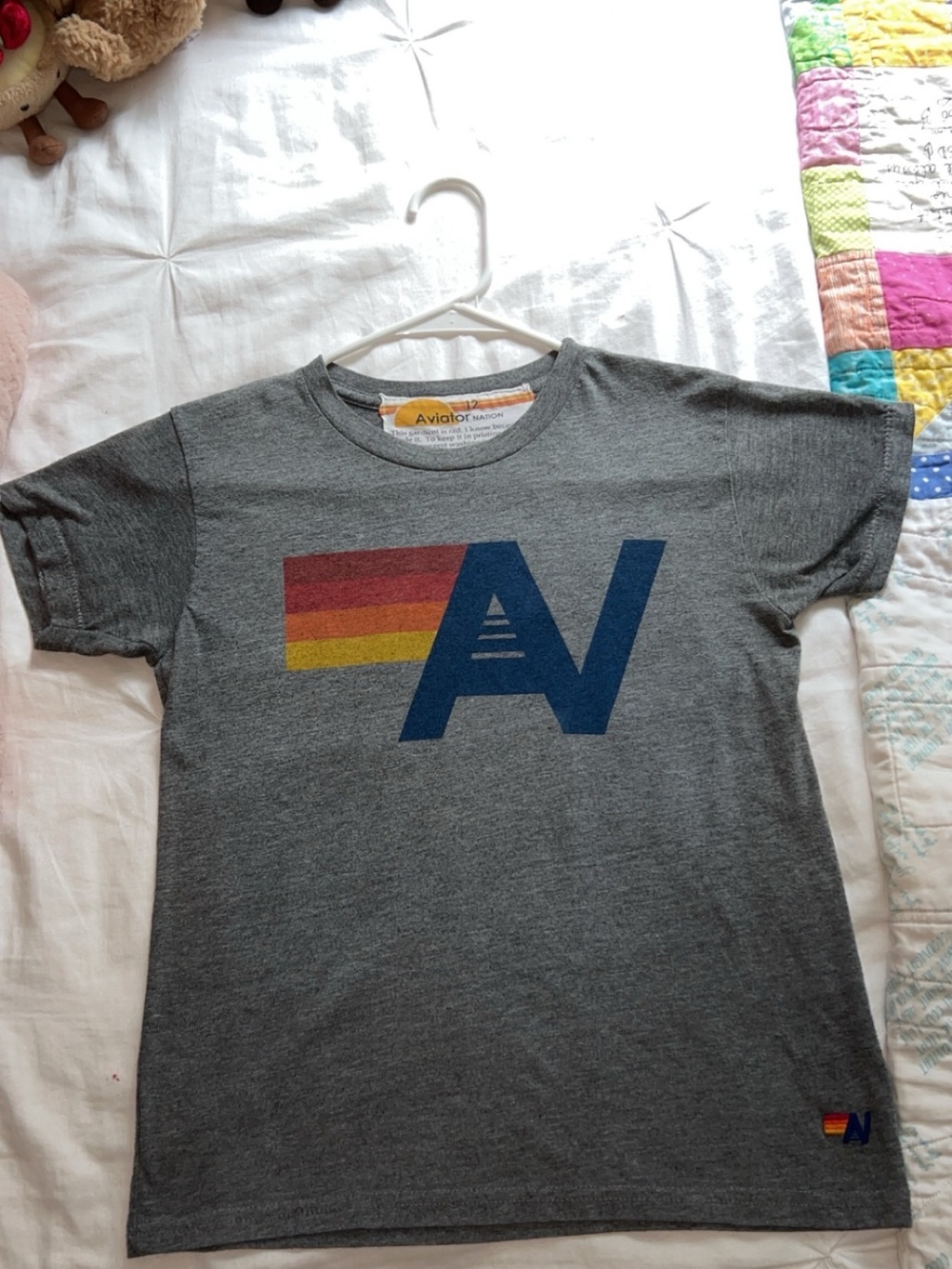 Aviator Nation Kids Heather Gray Tee with Retro Blue Logo & Sunset Stripes